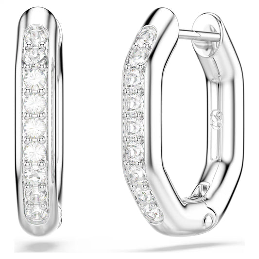 Dextera hoop earrings, Octagon shape, Round cut, Small, White, Rhodium plated