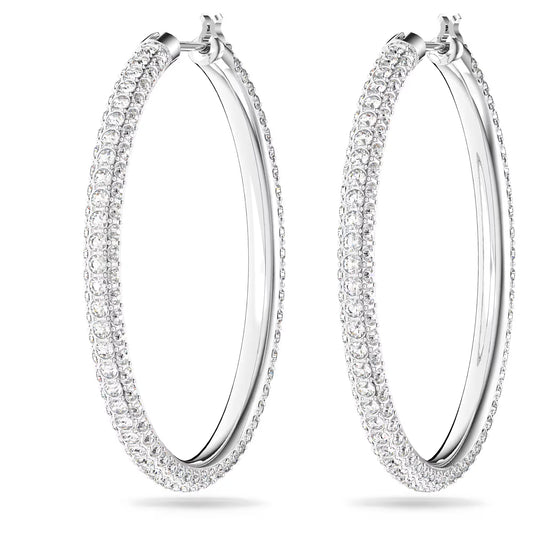 Dextera hoop earrings, Pavé, Large, White, Rhodium plated