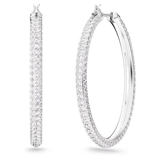 Dextera hoop earrings, Pavé, Large, White, Rhodium plated