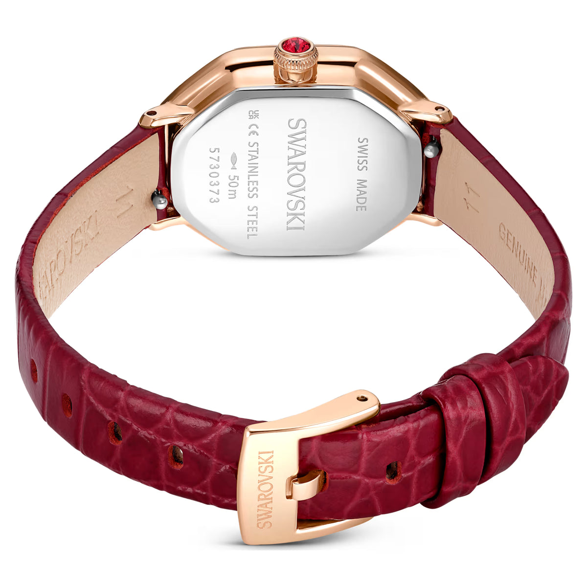 Dextera octagon watch, Swiss Made, Leather strap, Red, Rose gold-tone finish