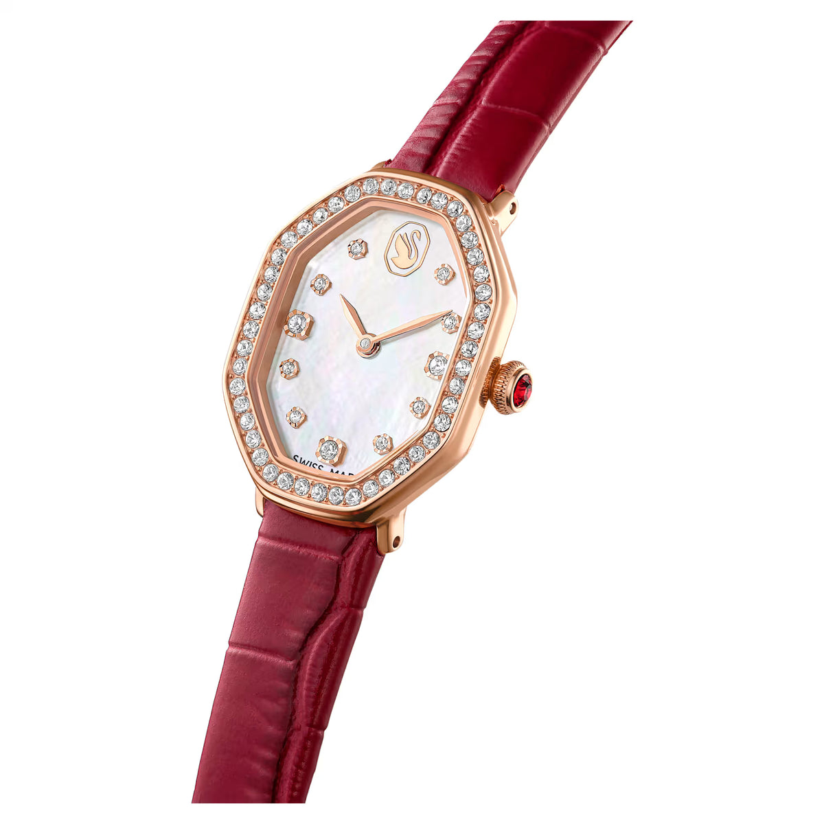 Dextera octagon watch, Swiss Made, Leather strap, Red, Rose gold-tone finish