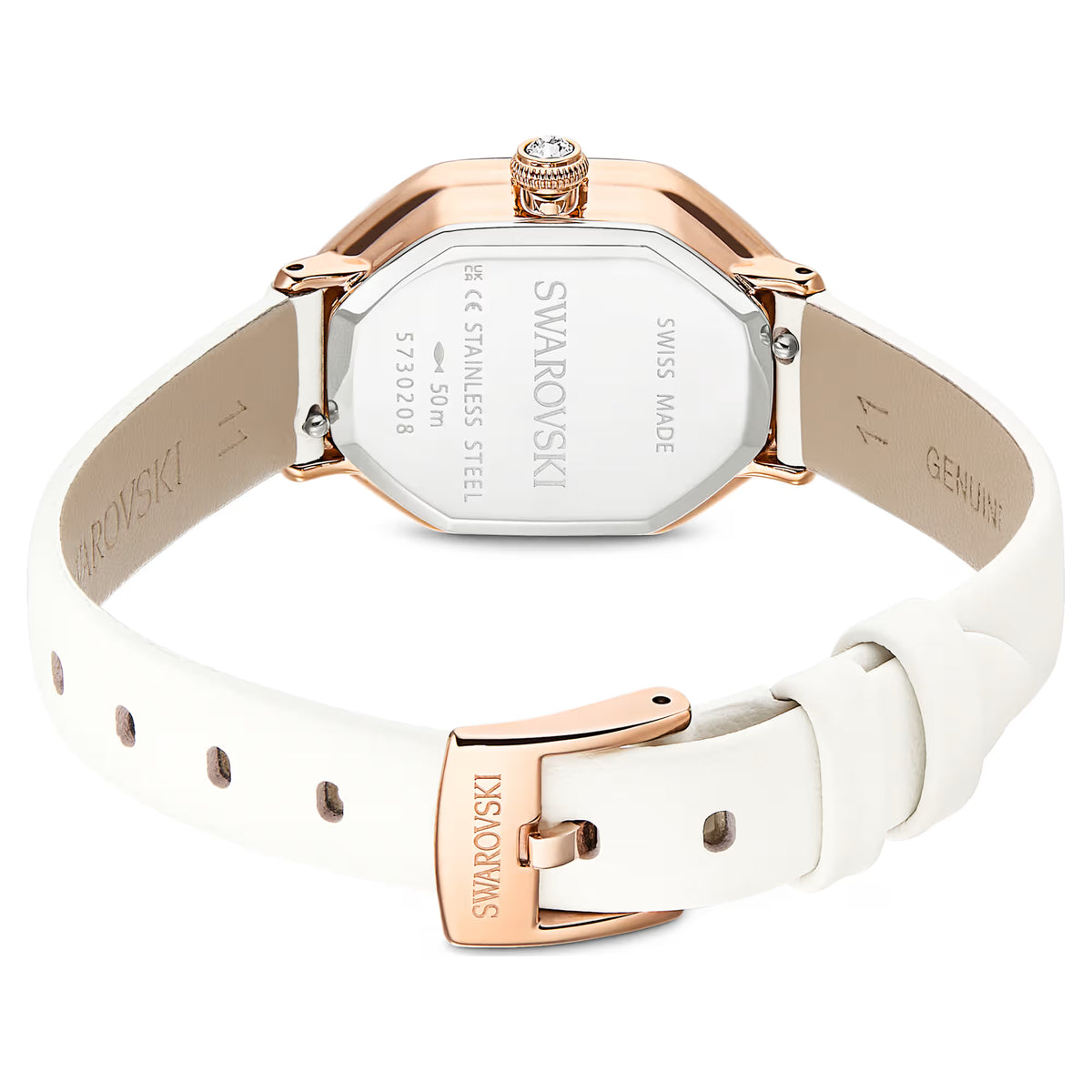 Dextera octagon watch, Swiss Made, Leather strap, White, Rose gold-tone finish