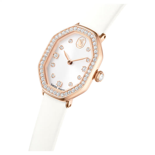 Dextera octagon watch, Swiss Made, Leather strap, White, Rose gold-tone finish