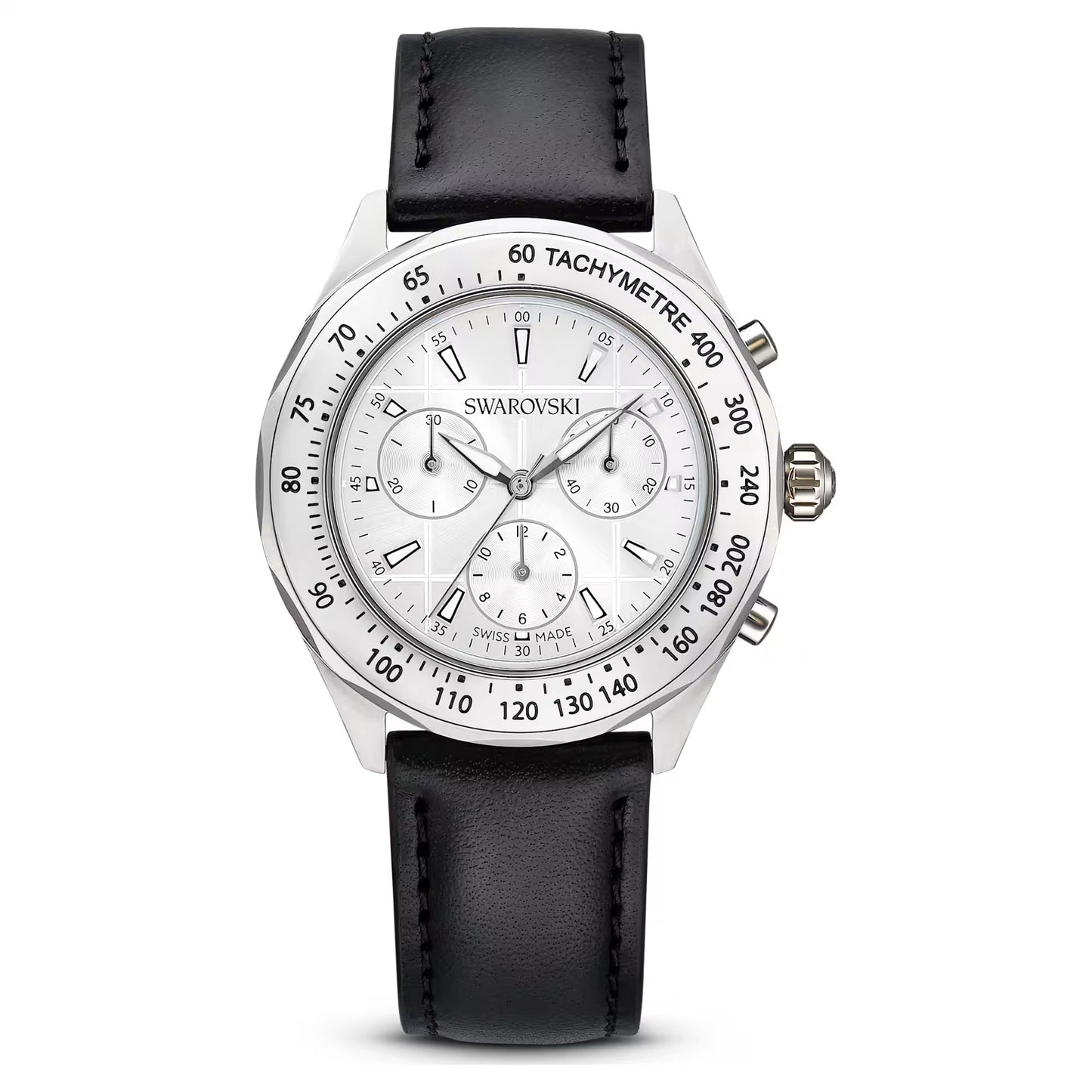 Dextera tachymetre watch, Swiss Made, Leather strap, Silver Tone, Stainless steel
