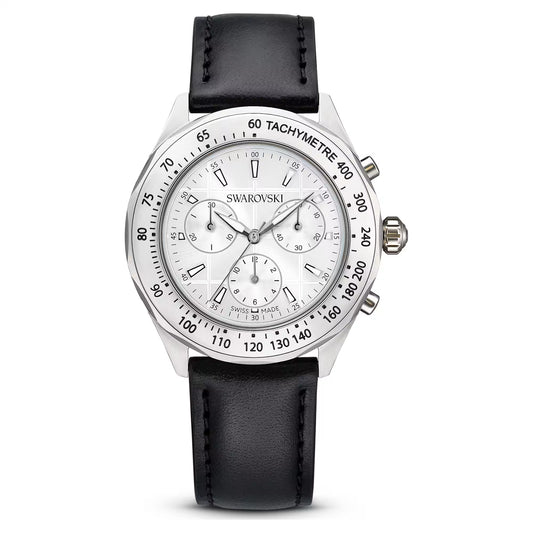 Dextera tachymetre watch, Swiss Made, Leather strap, Silver Tone, Stainless steel