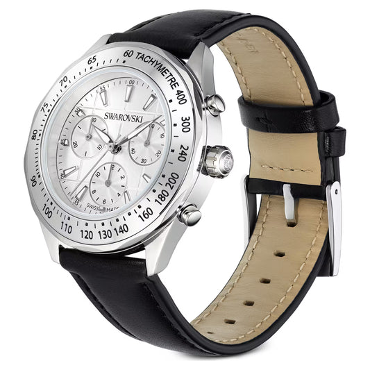 Dextera tachymetre watch, Swiss Made, Leather strap, Silver Tone, Stainless steel