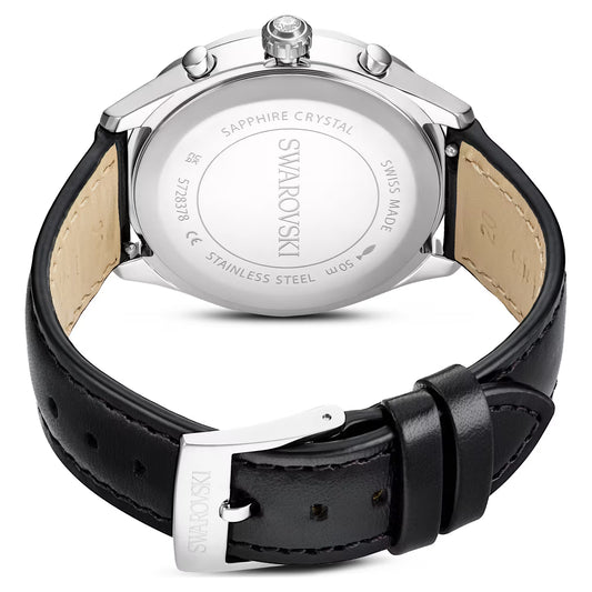 Dextera tachymetre watch, Swiss Made, Leather strap, Silver Tone, Stainless steel