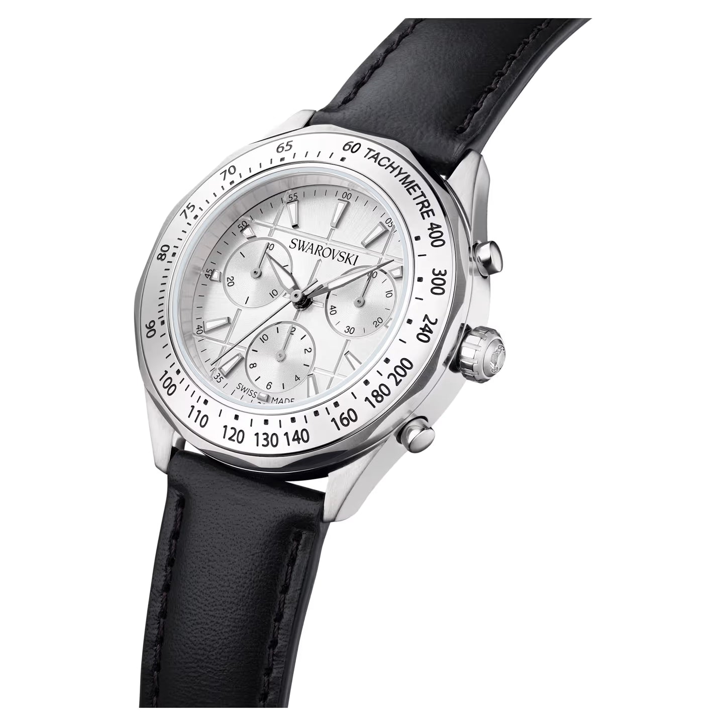 Dextera tachymetre watch, Swiss Made, Leather strap, Silver Tone, Stainless steel