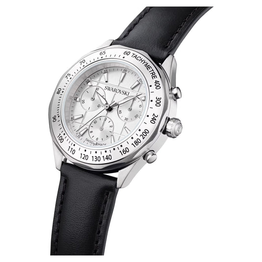 Dextera tachymetre watch, Swiss Made, Leather strap, Silver Tone, Stainless steel
