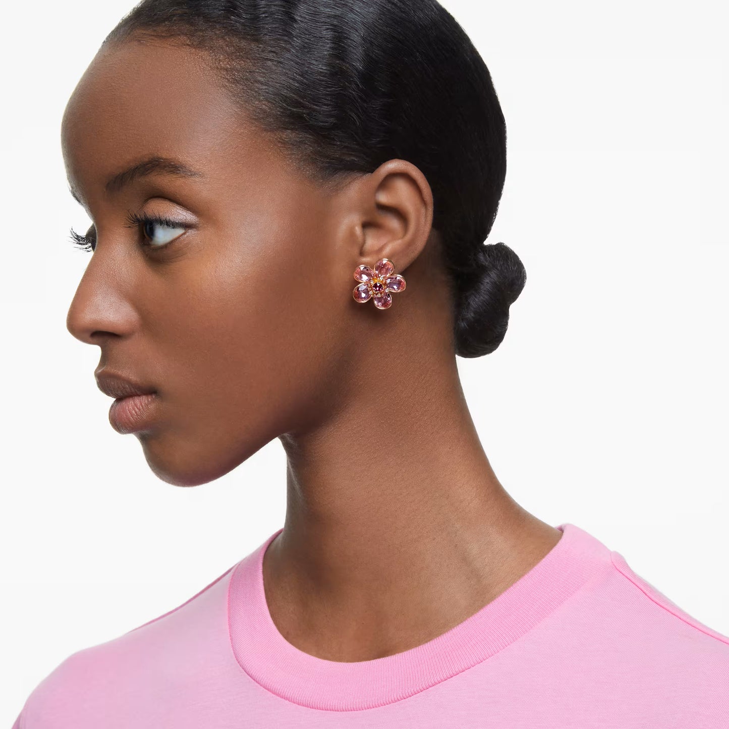 Florere stud earrings, Flower, Pink, Gold-tone