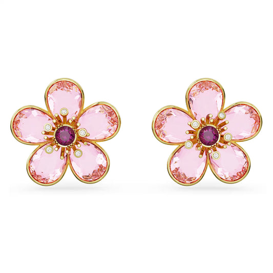 Florere stud earrings, Flower, Pink, Gold-tone