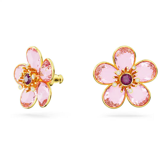 Florere stud earrings, Flower, Pink, Gold-tone