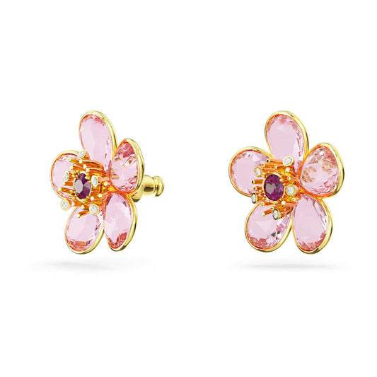 Florere stud earrings, Flower, Pink, Gold-tone
