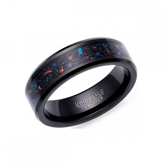 Tungsten Black & Red Stone Centre 7mm Band Ring - Size 62