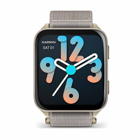 Garmin Venu X1 Soft Gold with Titanium Caseback and French Grey Nylon Band