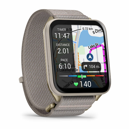 Garmin Venu X1 Soft Gold with Titanium Caseback and French Grey Nylon Band
