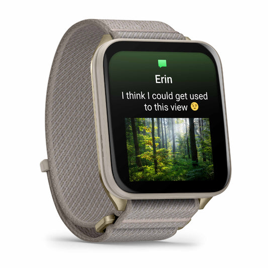 Garmin Venu X1 Soft Gold with Titanium Caseback and French Grey Nylon Band