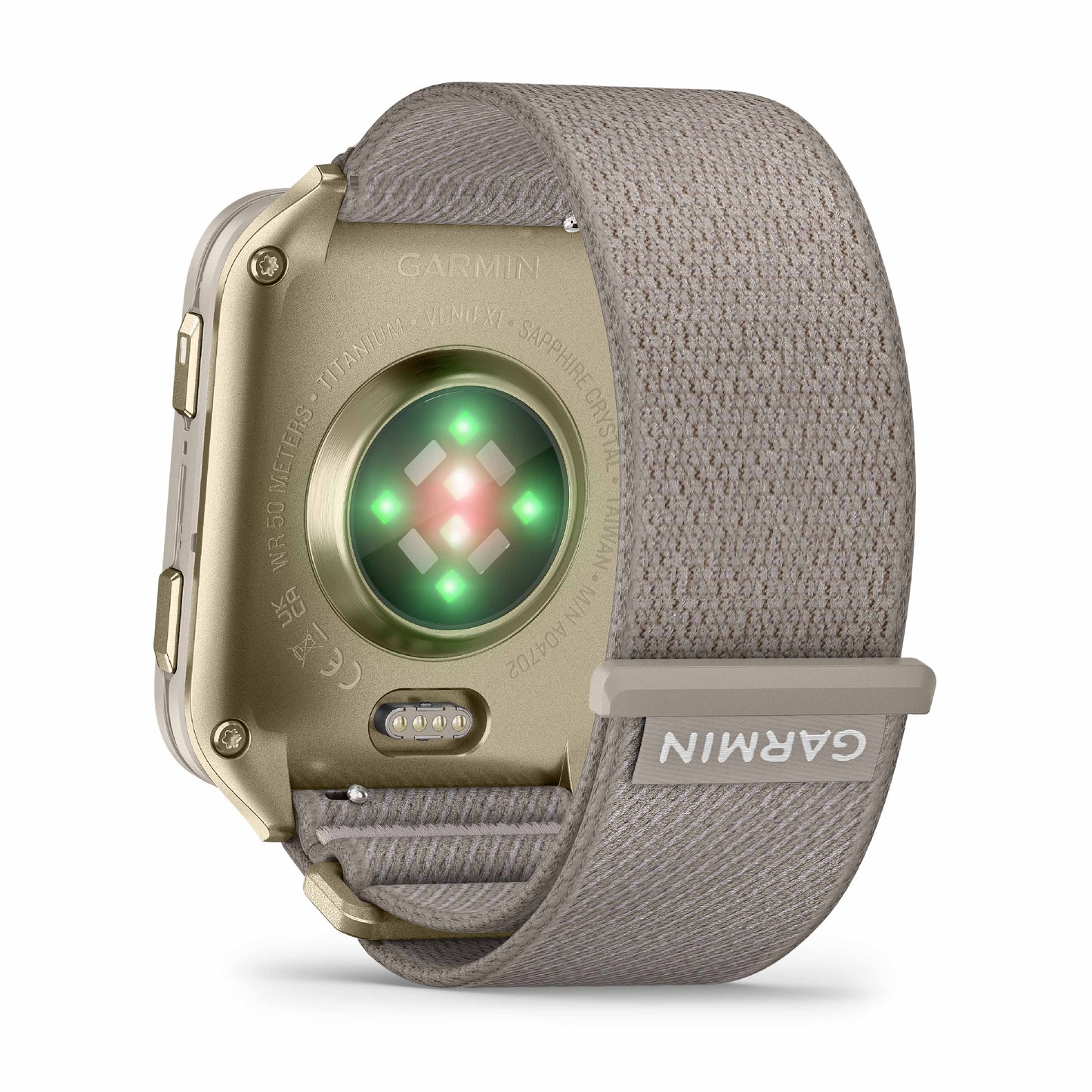 Garmin Venu X1 Soft Gold with Titanium Caseback and French Grey Nylon Band