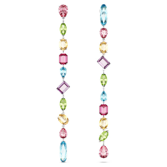 Gema drop earrings, Asymmetrical design, Mixed cuts, Extra long, Multicoloured, Rhodium plated