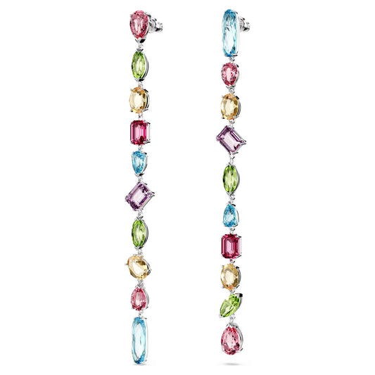 Gema drop earrings, Asymmetrical design, Mixed cuts, Extra long, Multicoloured, Rhodium plated