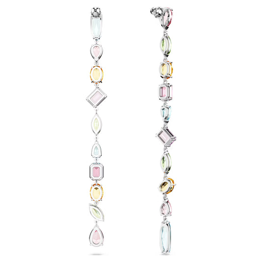 Gema drop earrings, Asymmetrical design, Mixed cuts, Extra long, Multicoloured, Rhodium plated