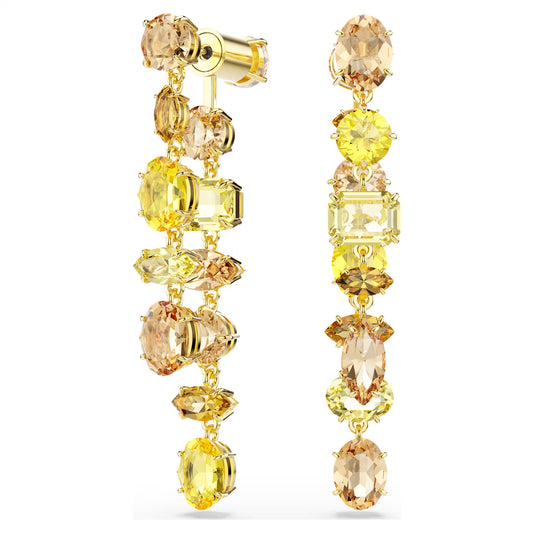 Gema drop earrings, Asymmetrical design, Mixed cuts, Long, Yellow, Gold-tone plated