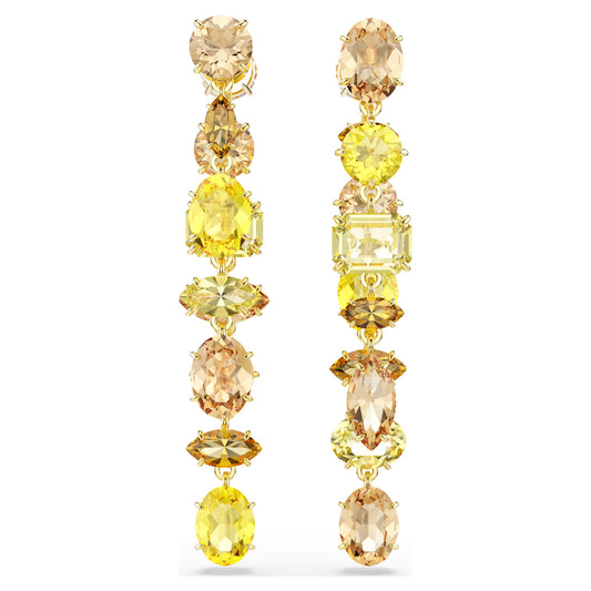Gema drop earrings, Asymmetrical design, Mixed cuts, Long, Yellow, Gold-tone plated