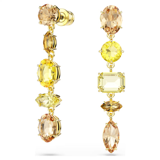 Gema drop earrings, Asymmetrical design, Mixed cuts, Long, Yellow, Gold-tone plated