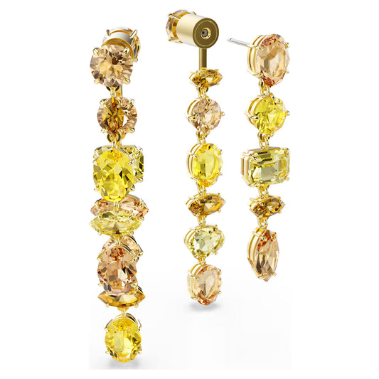 Gema drop earrings, Asymmetrical design, Mixed cuts, Long, Yellow, Gold-tone plated