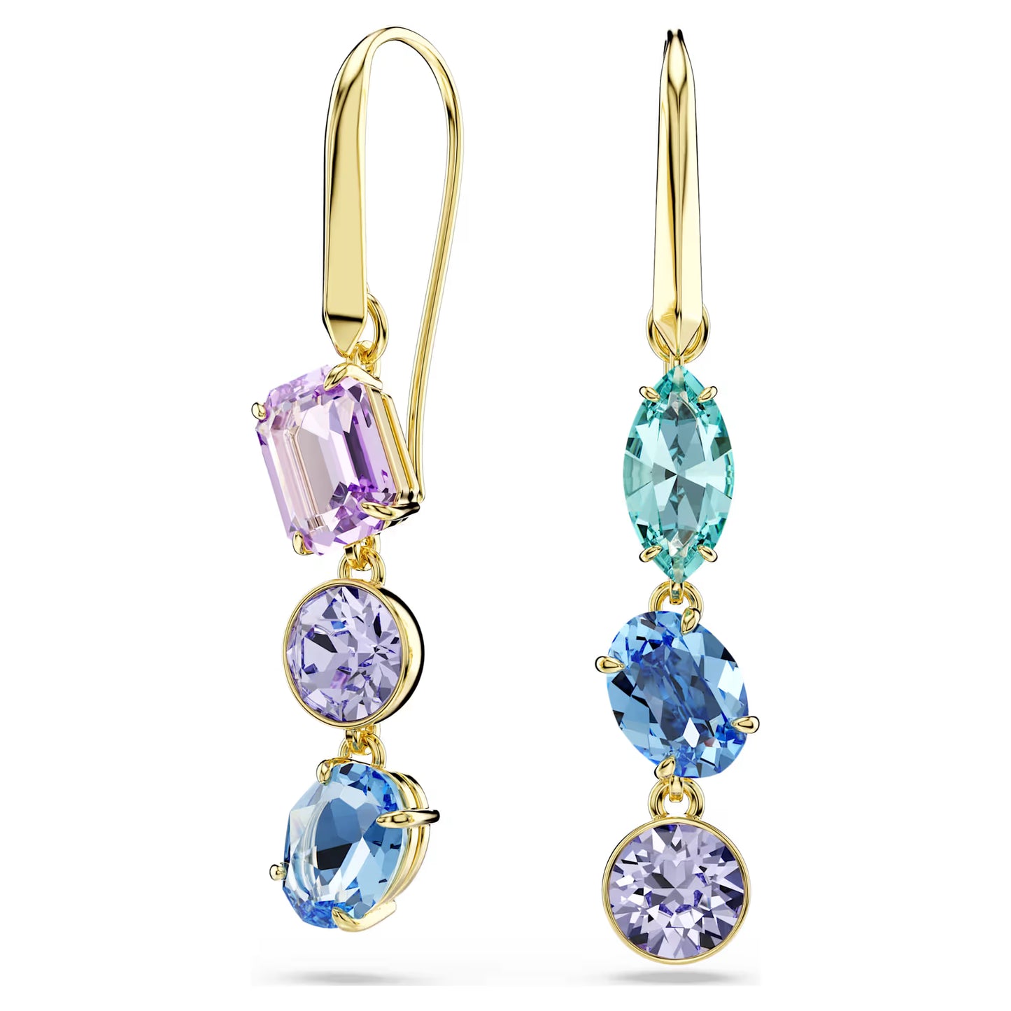 Gema drop earrings, Asymmetrical design, Mixed cuts, Multicoloured, Gold-tone plated