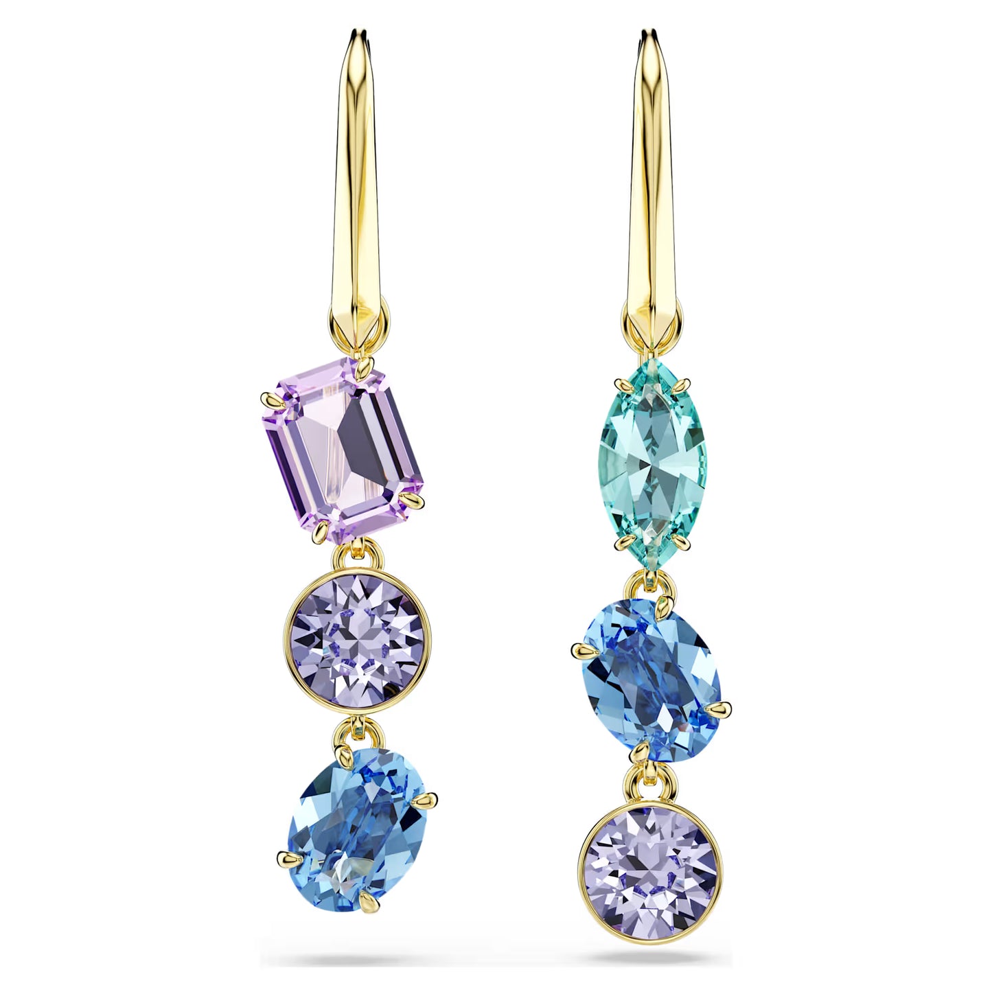 Gema drop earrings, Asymmetrical design, Mixed cuts, Multicoloured, Gold-tone plated