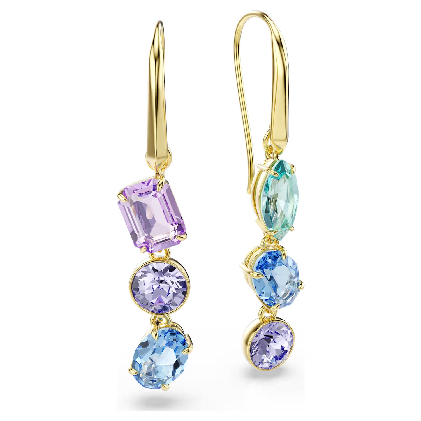 Gema drop earrings, Asymmetrical design, Mixed cuts, Multicoloured, Gold-tone plated