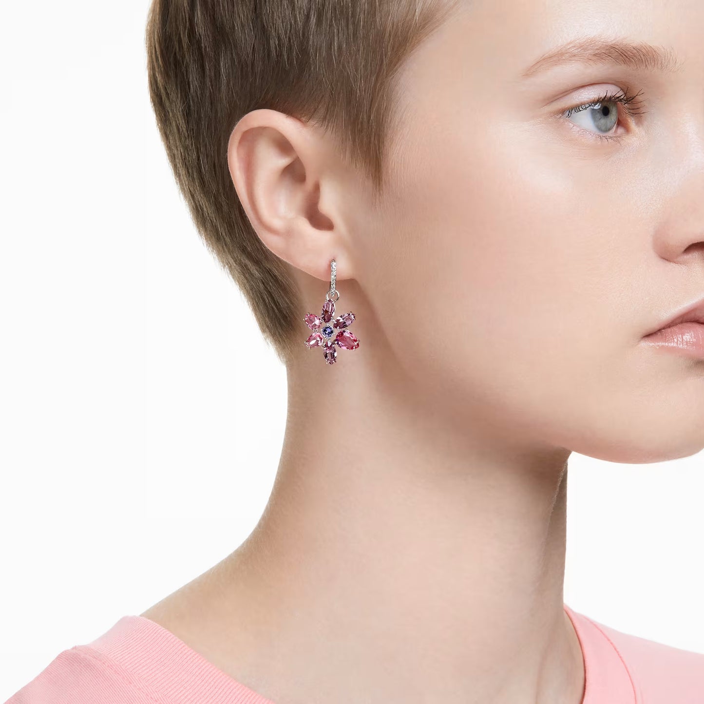 Gema drop earrings, Mixed cuts, Flower, Pink, Rhod