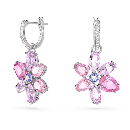 Gema drop earrings, Mixed cuts, Flower, Pink, Rhod