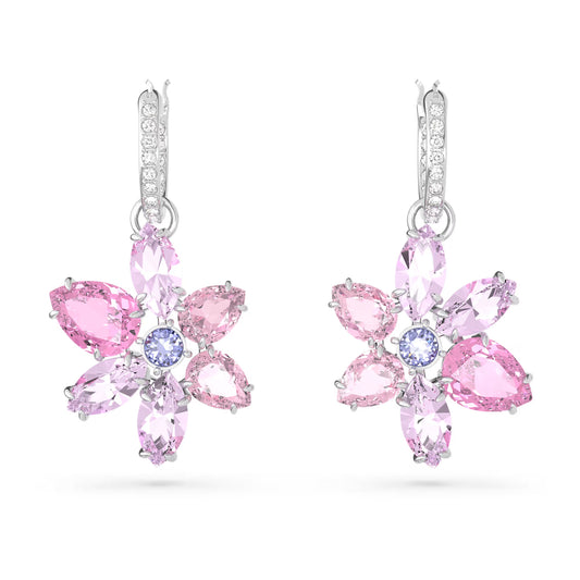 Gema drop earrings, Mixed cuts, Flower, Pink, Rhod