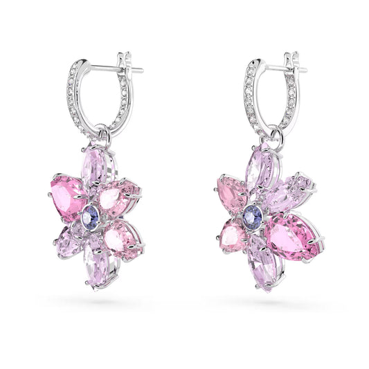 Gema drop earrings, Mixed cuts, Flower, Pink, Rhod