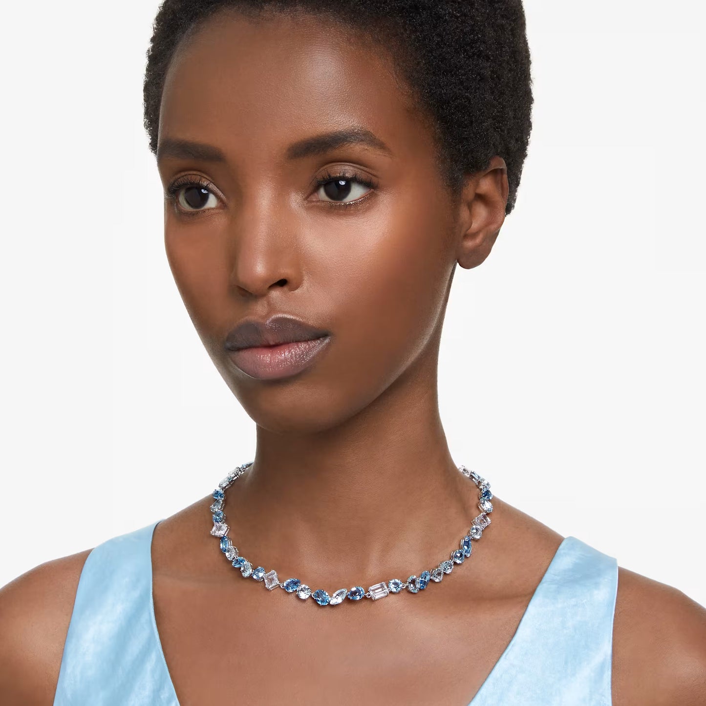 Gema necklace, Mixed cuts, Blue, Rhodium plated