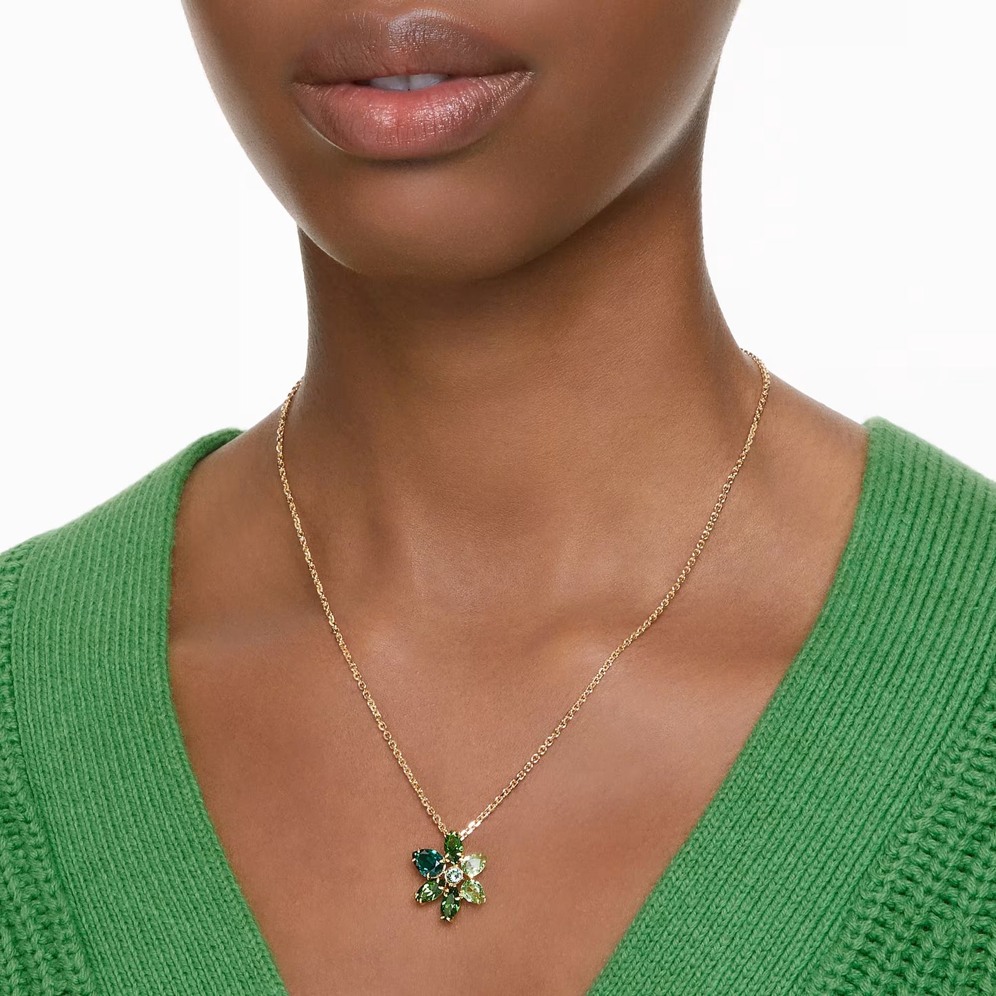 Gema pendant, Mixed cuts, Flower, Green, Gold-tone