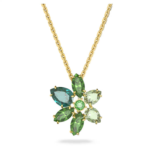 Gema pendant, Mixed cuts, Flower, Green, Gold-tone