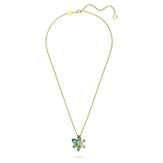 Gema pendant, Mixed cuts, Flower, Green, Gold-tone
