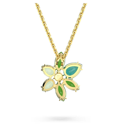 Gema pendant, Mixed cuts, Flower, Green, Gold-tone