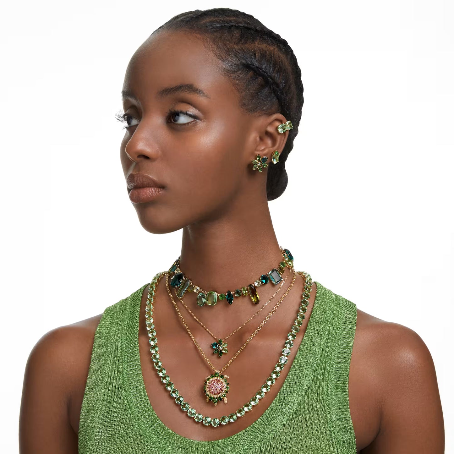 Gema pendant, Mixed cuts, Flower, Green, Gold-tone