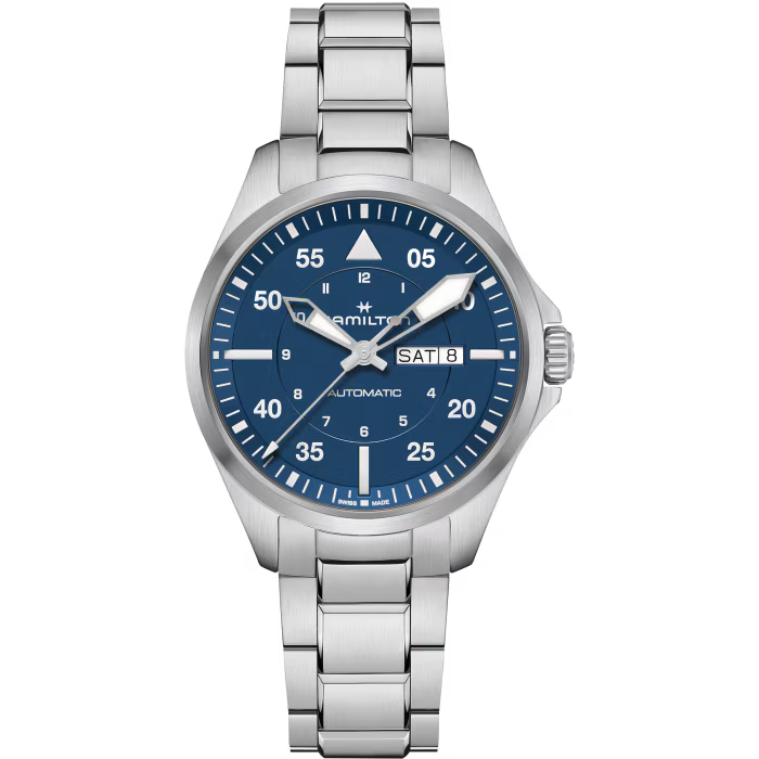 Khaki Aviation Pilot Day Date | 42mm Stainless Steel Blue Dial