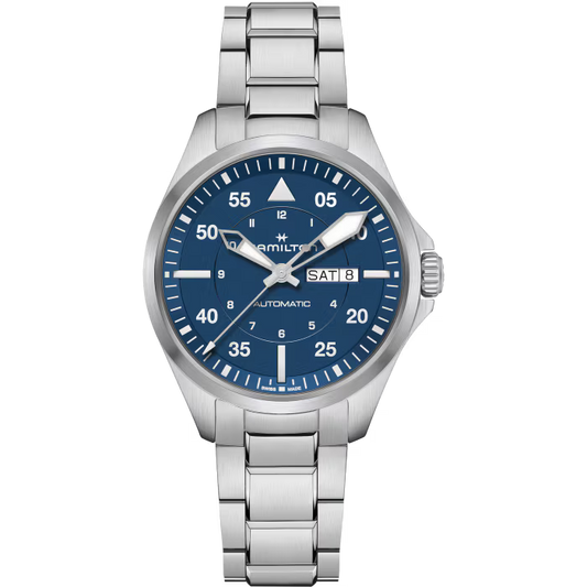 Khaki Aviation Pilot Day Date | 42mm Stainless Steel Blue Dial