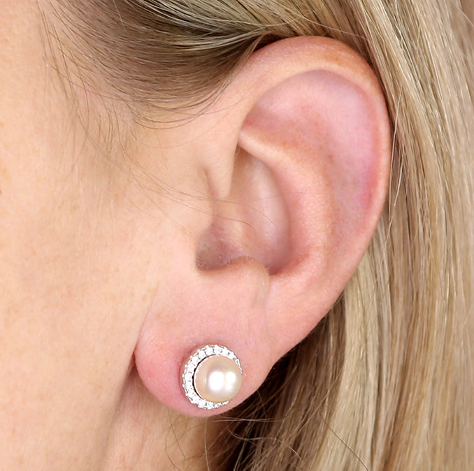 Sterling Silver Pearl Halo Stud Earrings
