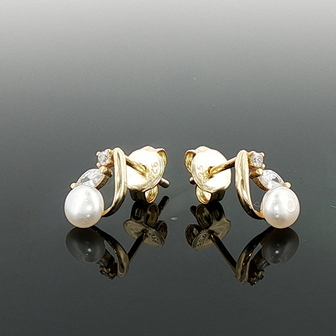 Yellow Gold Plated Sterling Silver Freshwater Pearl & CZ Leaf Earrings