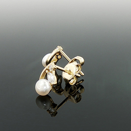 Yellow Gold Plated Sterling Silver Freshwater Pearl & CZ Leaf Earrings
