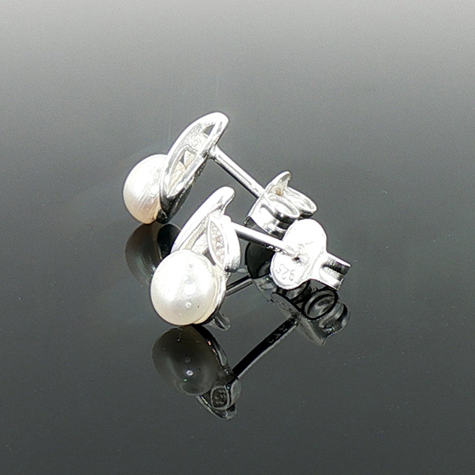 Sterling Silver Pearl Leaf Design Stud Earrings