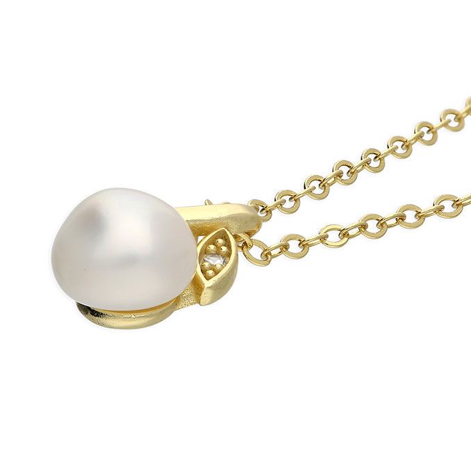 Yellow Gold Plated Sterling Silver Pearl Leaf Design Necklace