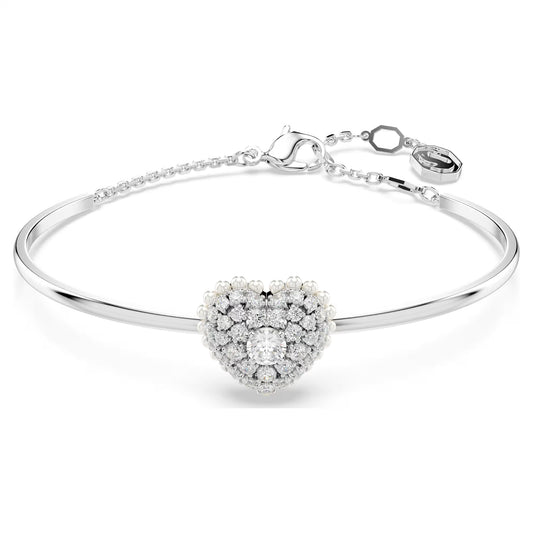 Hyperbola bangle, Heart, White, Rhodium, Medium